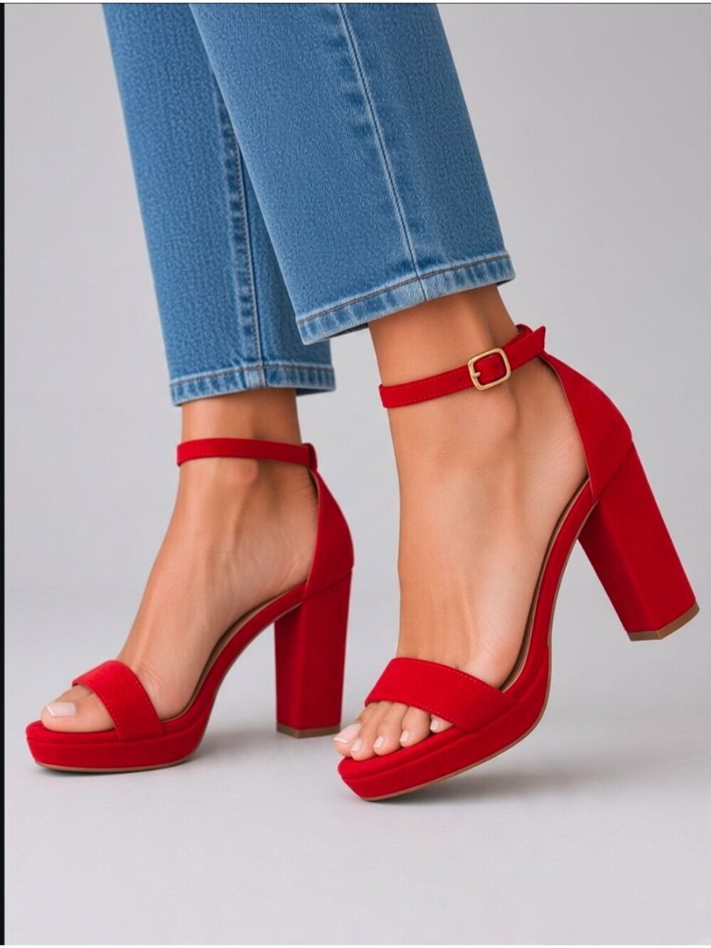 Red Faux Suede Block Heel Sandals With Adjustable Ankle Strap